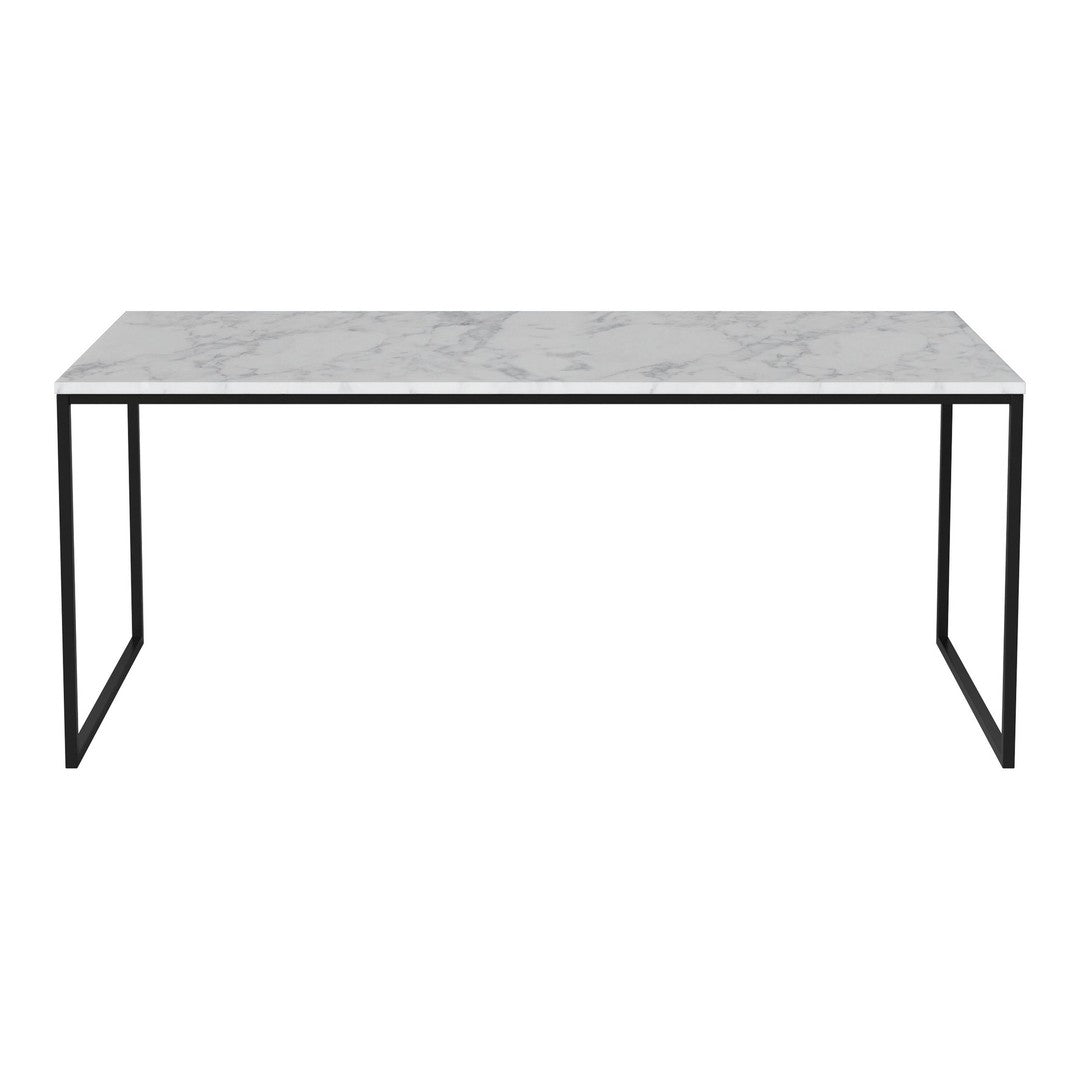 Modern rectangular table featuring a sleek white marble top with subtle gray veining and a minimalist black metal frame.