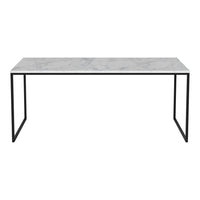 Modern rectangular table featuring a sleek white marble top with subtle gray veining and a minimalist black metal frame.