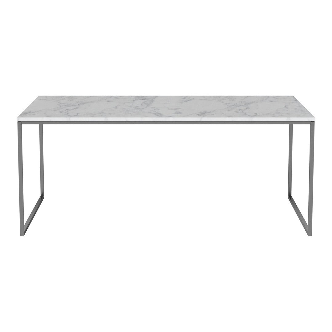 Marble tabletop in white with grey veining, paired with a sleek metal frame in silver. Ideal for modern spaces.