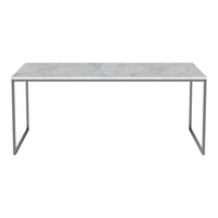 Marble tabletop in white with grey veining, paired with a sleek metal frame in silver. Ideal for modern spaces.