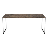 Rustic brown tabletop with a marbled pattern, paired with sleek black metal legs. Stylish and modern design.