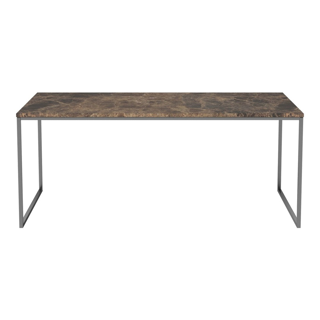 Rustic brown tabletop with a natural wood pattern and sleek metallic gray legs for a modern contrast.