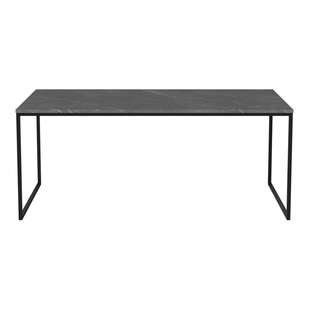 "Black marble tabletop with sleek black metal legs, stylish and minimalist design for modern interiors."