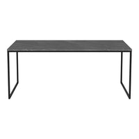 "Black marble tabletop with sleek black metal legs, stylish and minimalist design for modern interiors."