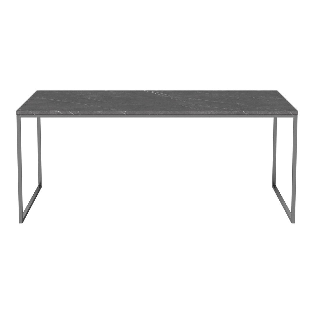 Gray marble tabletop with a sleek, minimalist metal frame, showcasing elegant, subtle veining patterns.