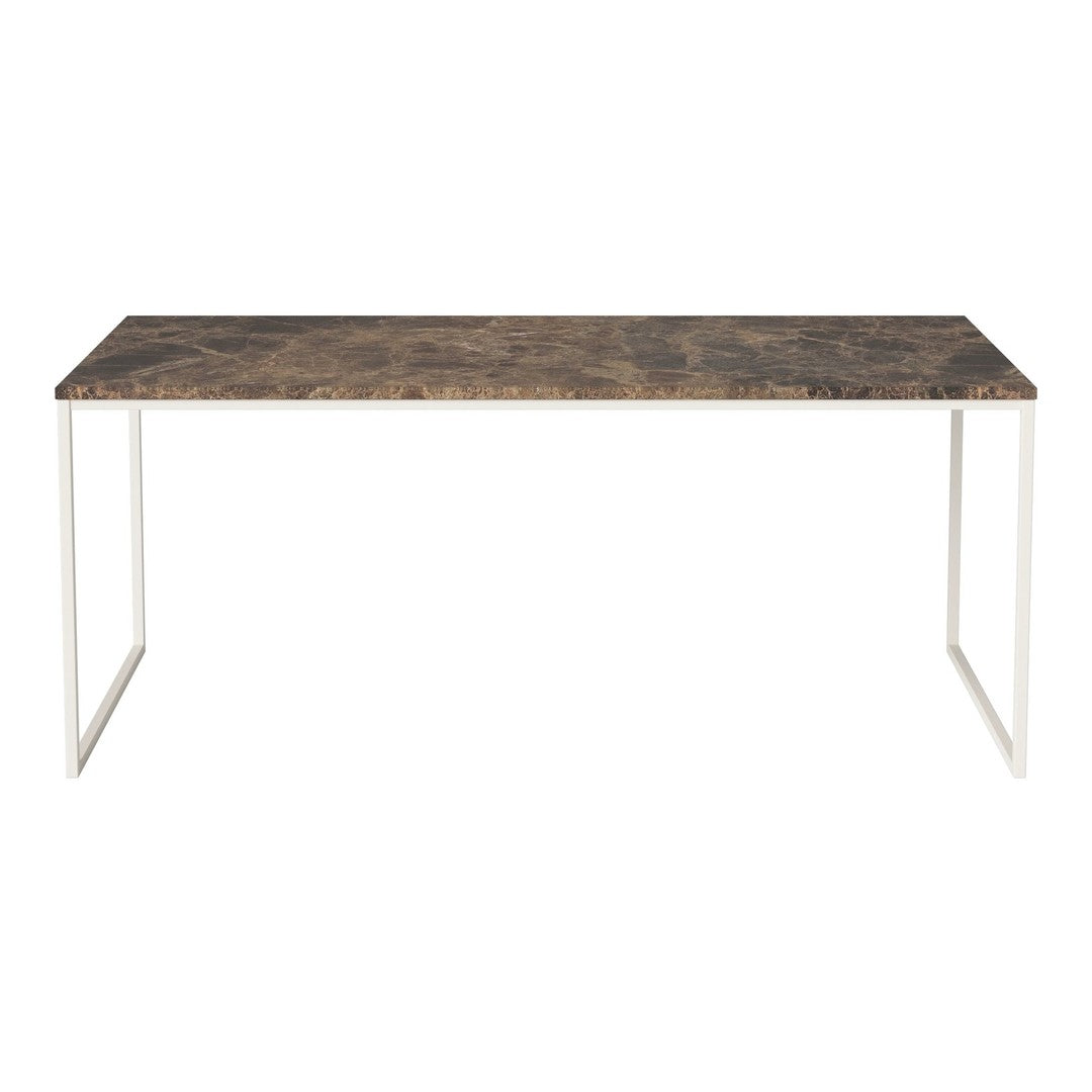 Textured brown tabletop with subtle gray and white veins, paired with sleek white metal legs. Modern, minimalist design.