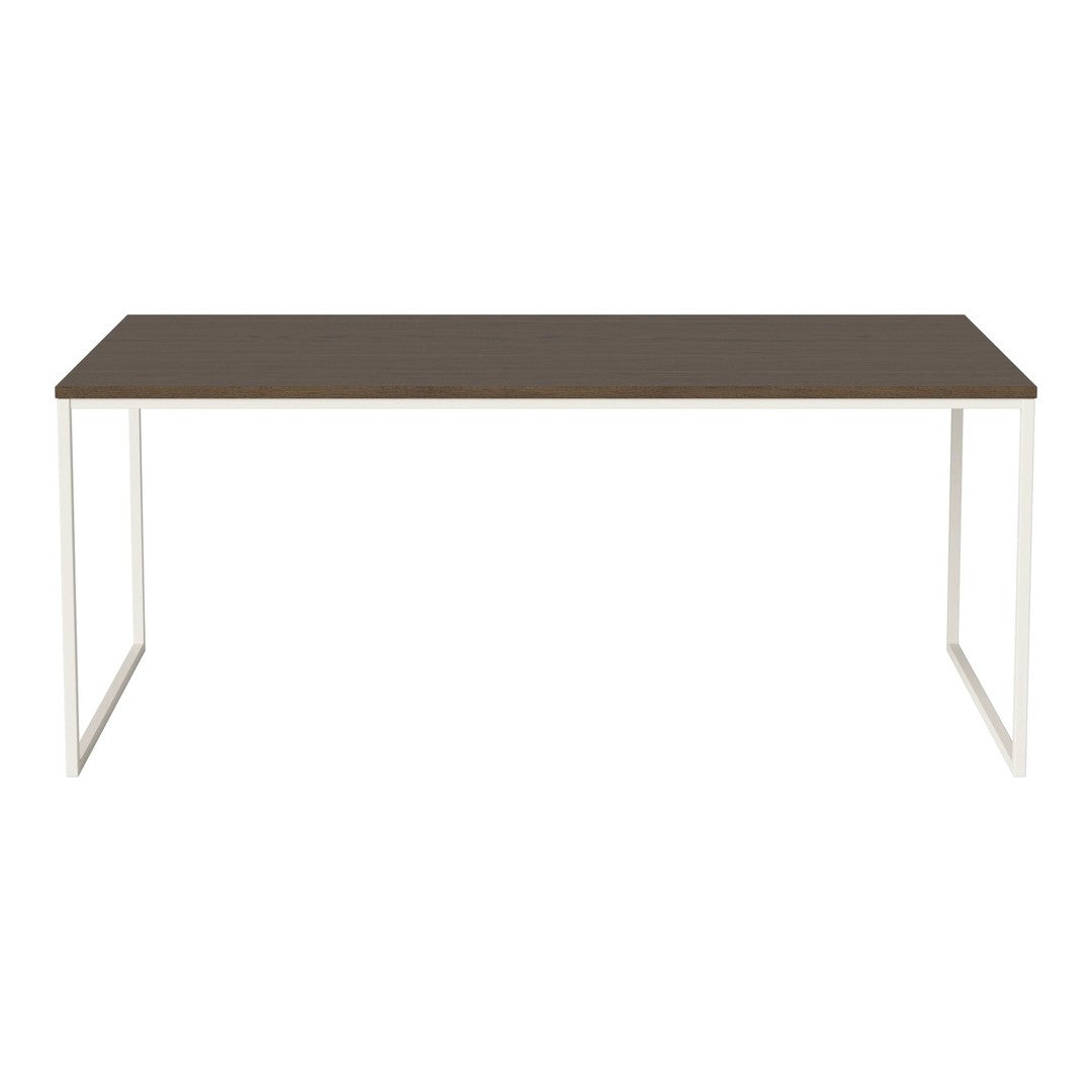 Brown rectangular table with a sleek white metal frame, featuring a smooth and modern design. Perfect for any decor.