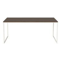 Brown rectangular table with a sleek white metal frame, featuring a smooth and modern design. Perfect for any decor.