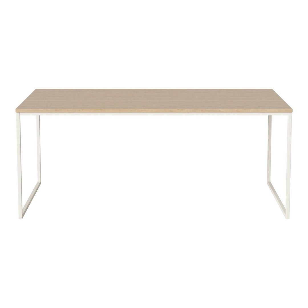 Minimalist beige tabletop with sleek white legs, featuring a contemporary design for modern interiors.