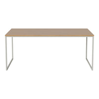 Light wood tabletop with sleek silver metal legs, minimalist design, no patterns or textures. Perfect for modern decor.