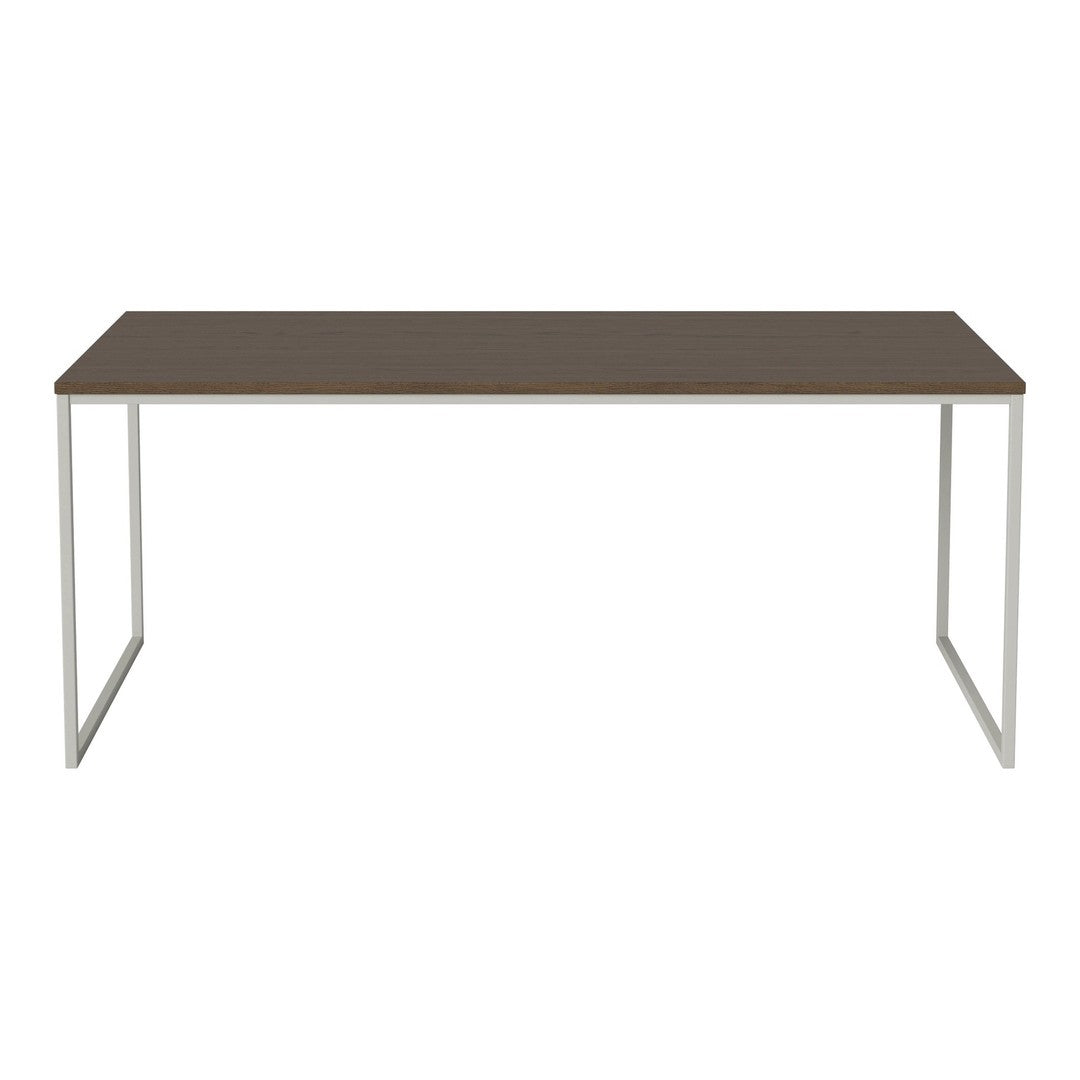 Brown rectangular tabletop with a smooth finish, supported by sleek silver metal legs. Modern minimalist design.