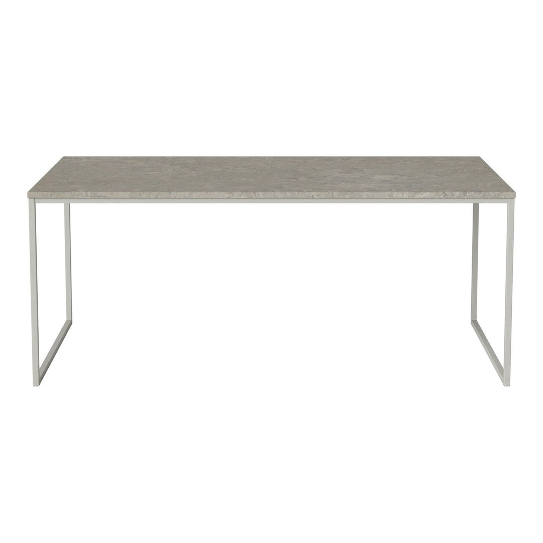 Gray textured tabletop with sleek silver metal legs, perfect for contemporary spaces.