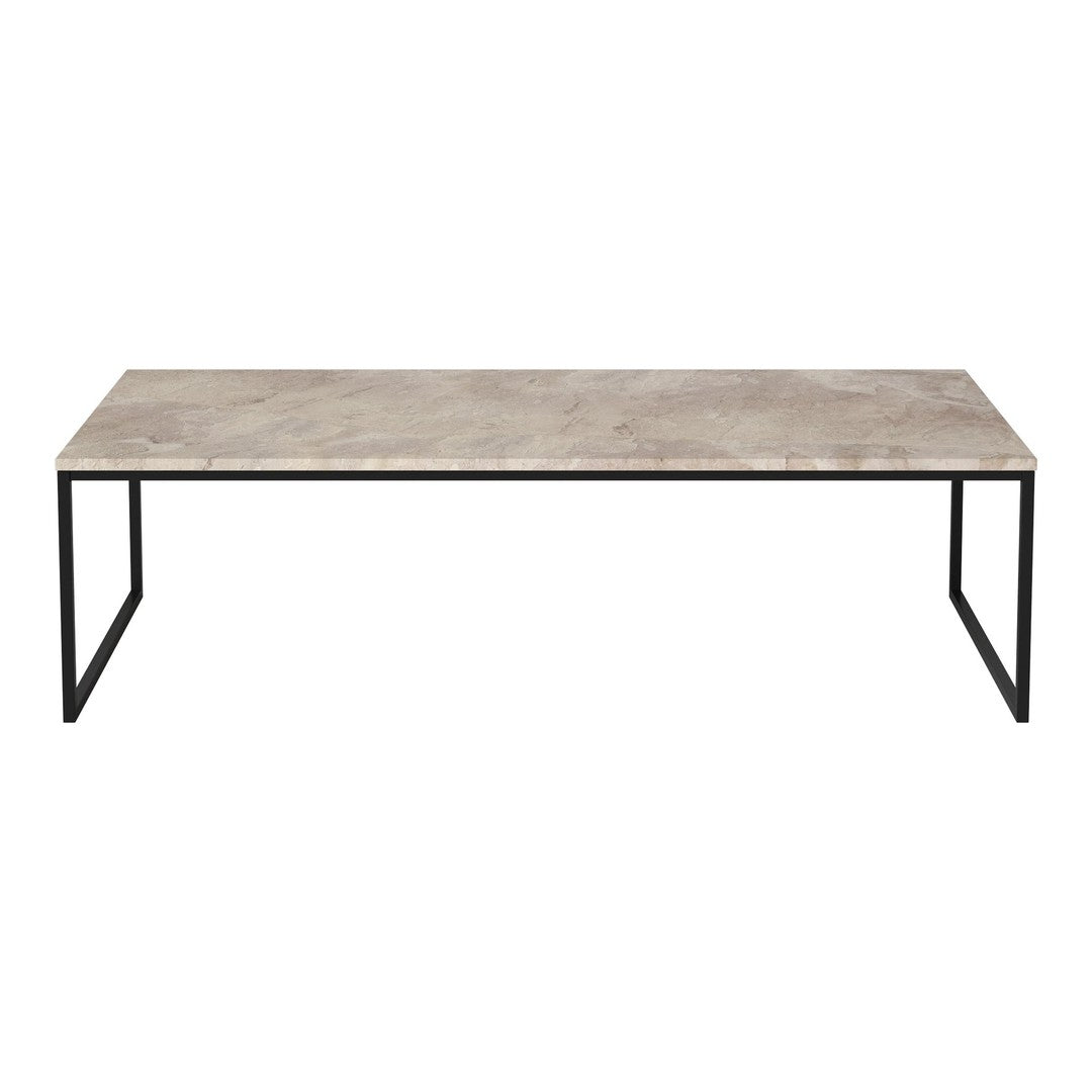 Gray marble top coffee table with a sleek black metal frame, featuring a minimalistic design and smooth finish.