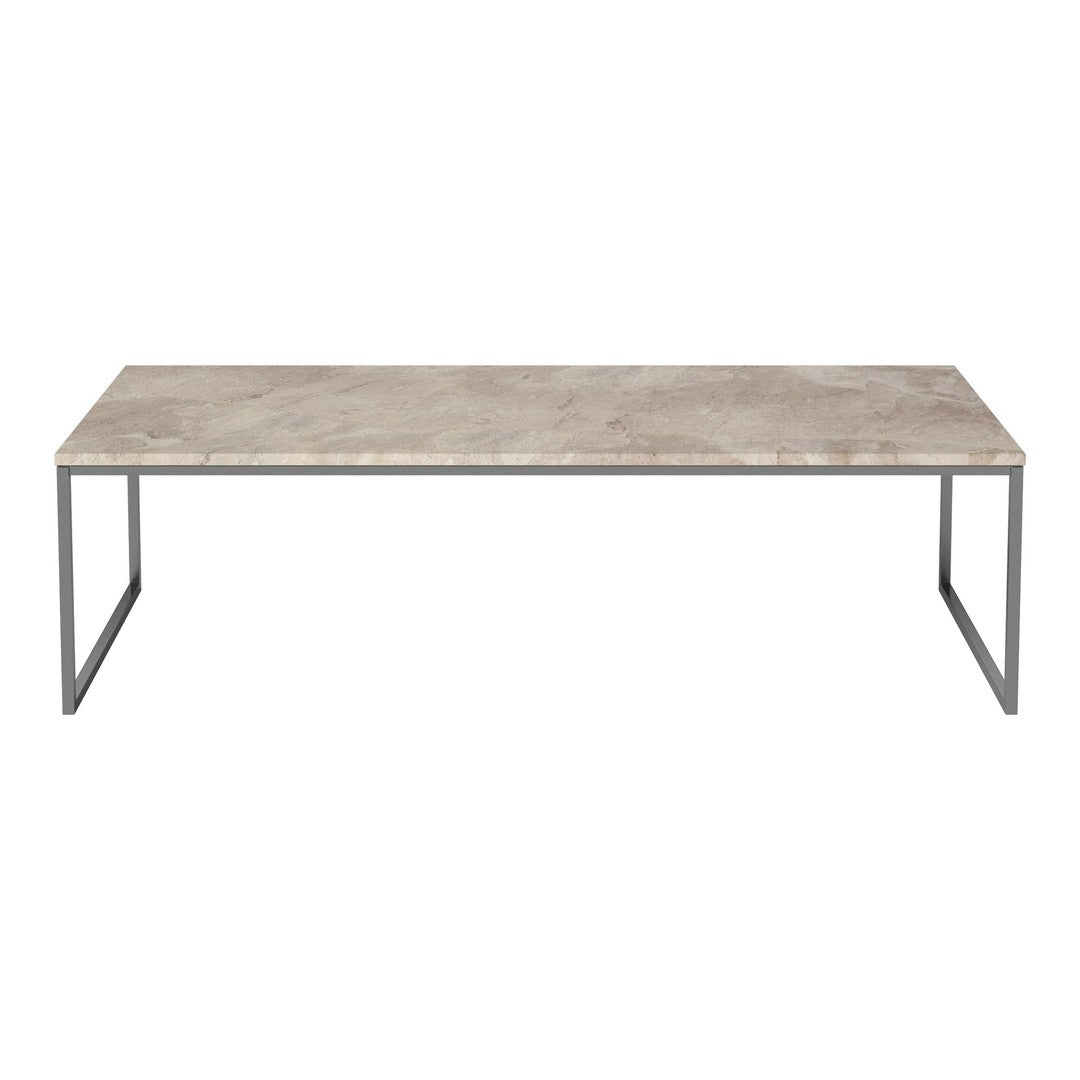 Gray marble tabletop with a sleek silver metal frame, offering a modern and stylish look. Perfect for contemporary spaces.