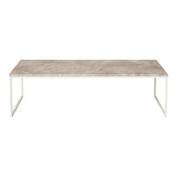Light gray tabletop with subtle marble-like pattern, paired with a minimalist white metal frame. Stylish and modern design.