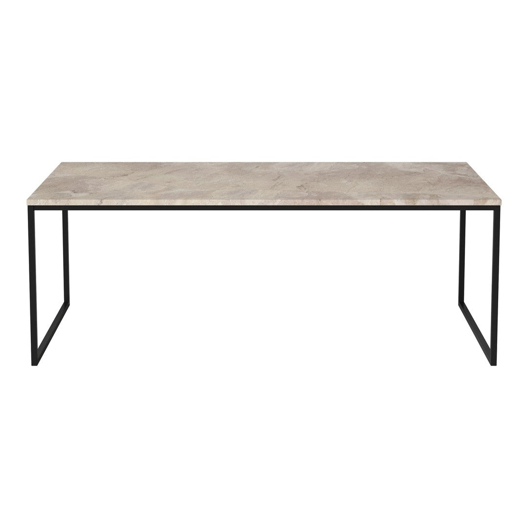 "Rectangular gray tabletop with subtle patterns, supported by a sleek black metal frame."