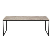 "Rectangular gray tabletop with subtle patterns, supported by a sleek black metal frame."