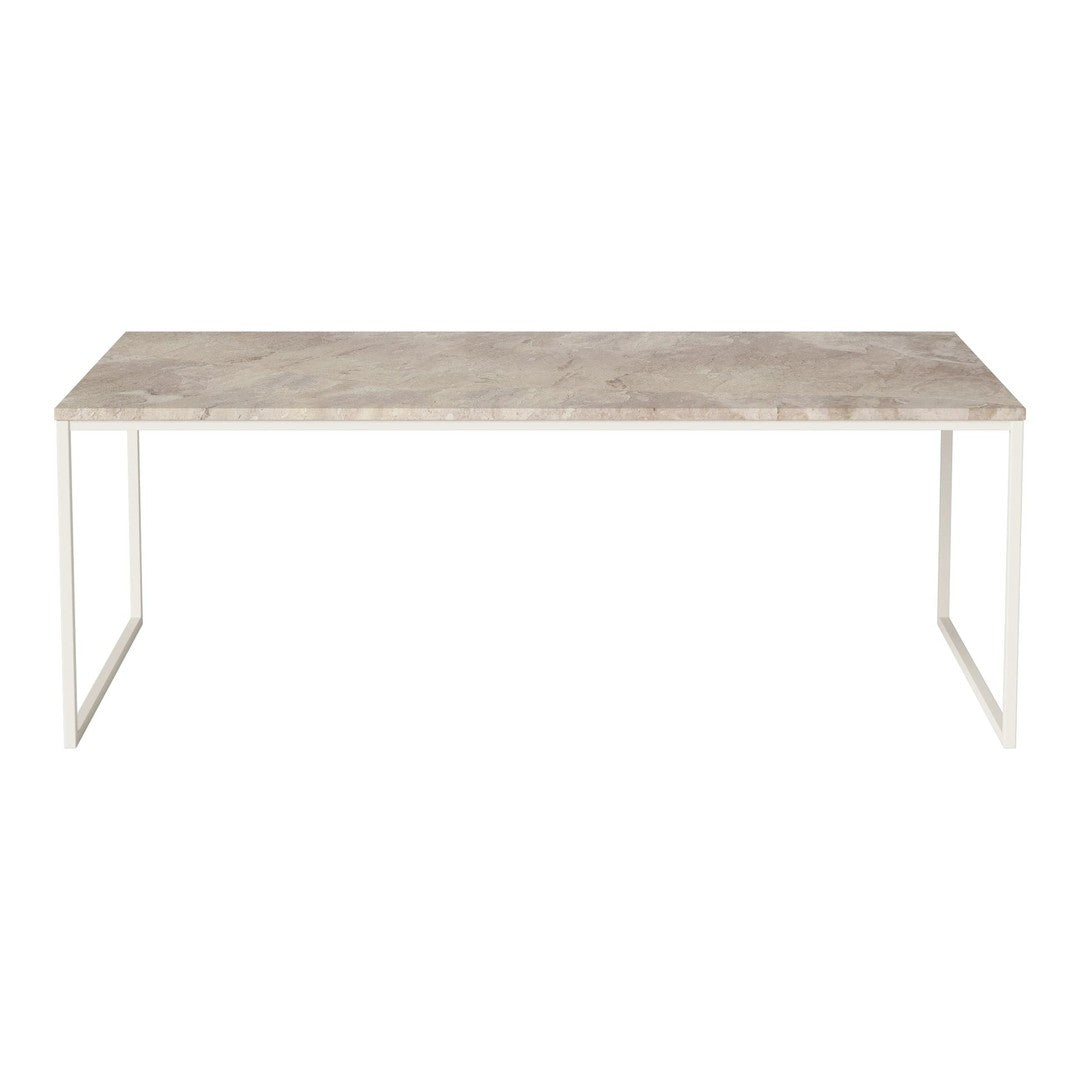 Light gray marble tabletop with subtle veining on a sleek white metal frame. Modern minimalist design.