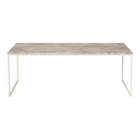 Light gray marble tabletop with subtle veining on a sleek white metal frame. Modern minimalist design.