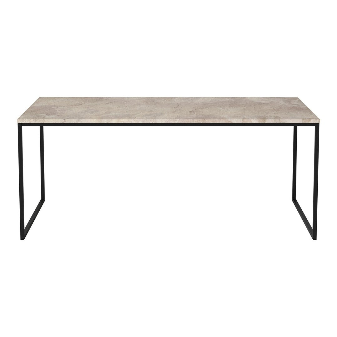 Gray marble table top with a smooth finish, contrasted by a sleek black metal frame. Modern minimalist design.