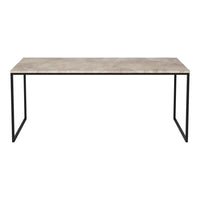 Gray marble table top with a smooth finish, contrasted by a sleek black metal frame. Modern minimalist design.