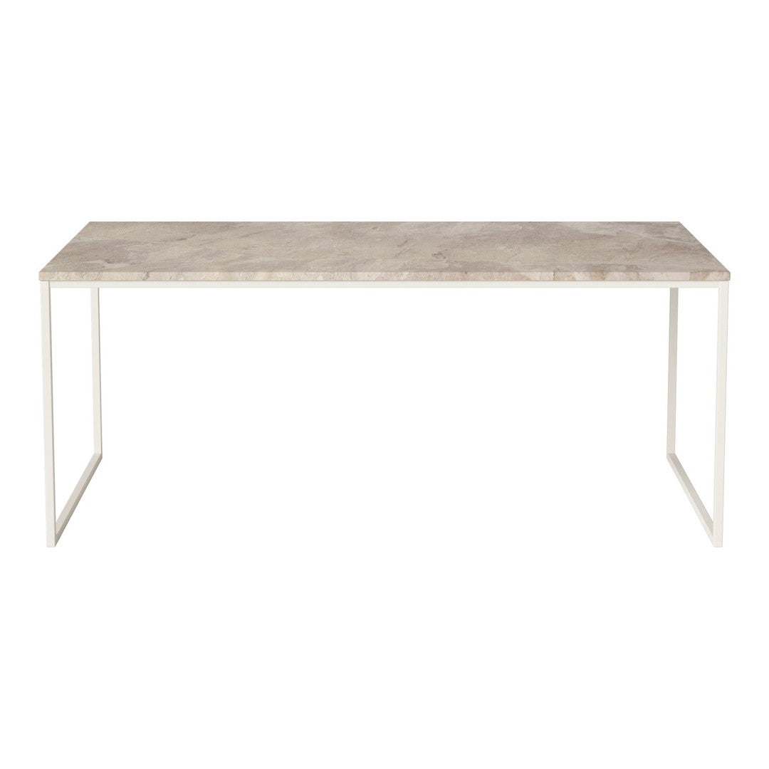 "Rectangular table with a light gray marble top and white metal legs."