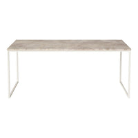 "Rectangular table with a light gray marble top and white metal legs."