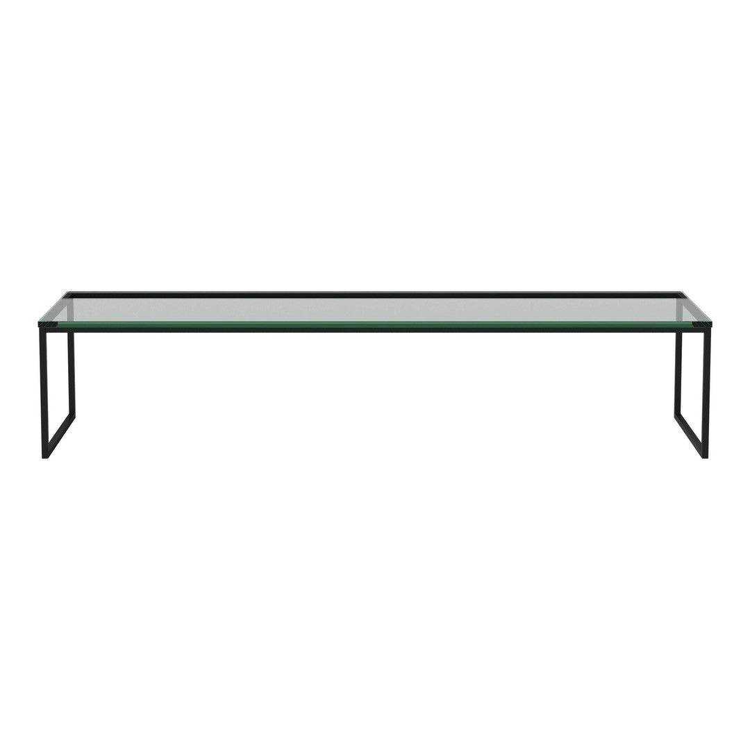 Black metal frame with a clear glass top, sleek modern design, perfect for minimalist decor.