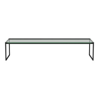 Black metal frame with a clear glass top, sleek modern design, perfect for minimalist decor.