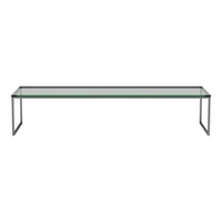 Sleek glass tabletop with a minimalist chrome frame, featuring a modern, transparent design. Perfect for contemporary spaces.
