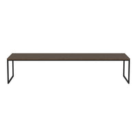 Modern rectangular coffee table featuring a sleek dark wood top and minimalist black metal legs.