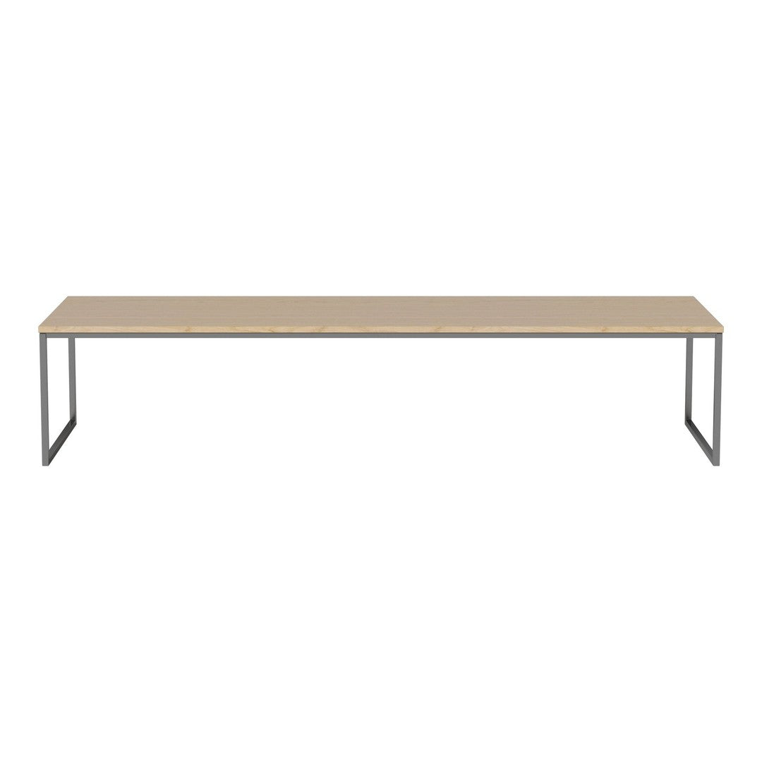 Light beige tabletop with a smooth, minimalist finish and sleek, silver metal legs. Perfect for modern decor.