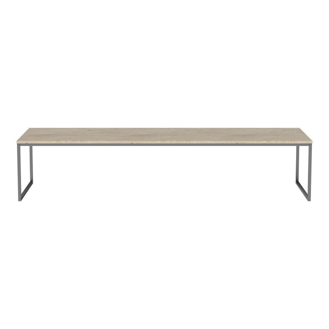 Neutral beige tabletop with subtle grain patterns on a sleek metal frame, perfect for modern spaces.