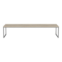 Neutral beige tabletop with subtle grain patterns on a sleek metal frame, perfect for modern spaces.