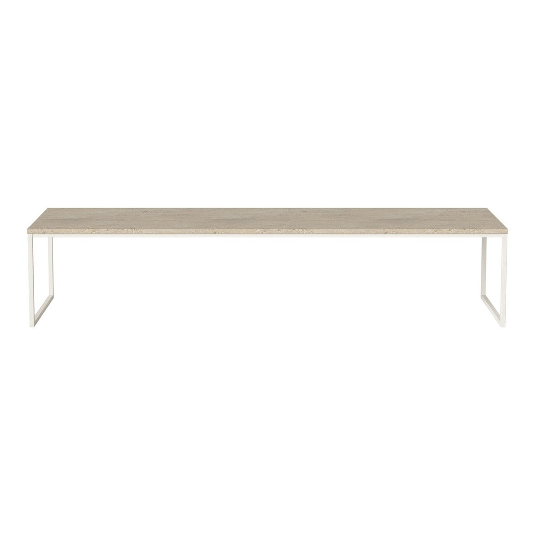 Light wood tabletop with a subtle grain pattern and sleek white metal legs, perfect for modern aesthetics.
