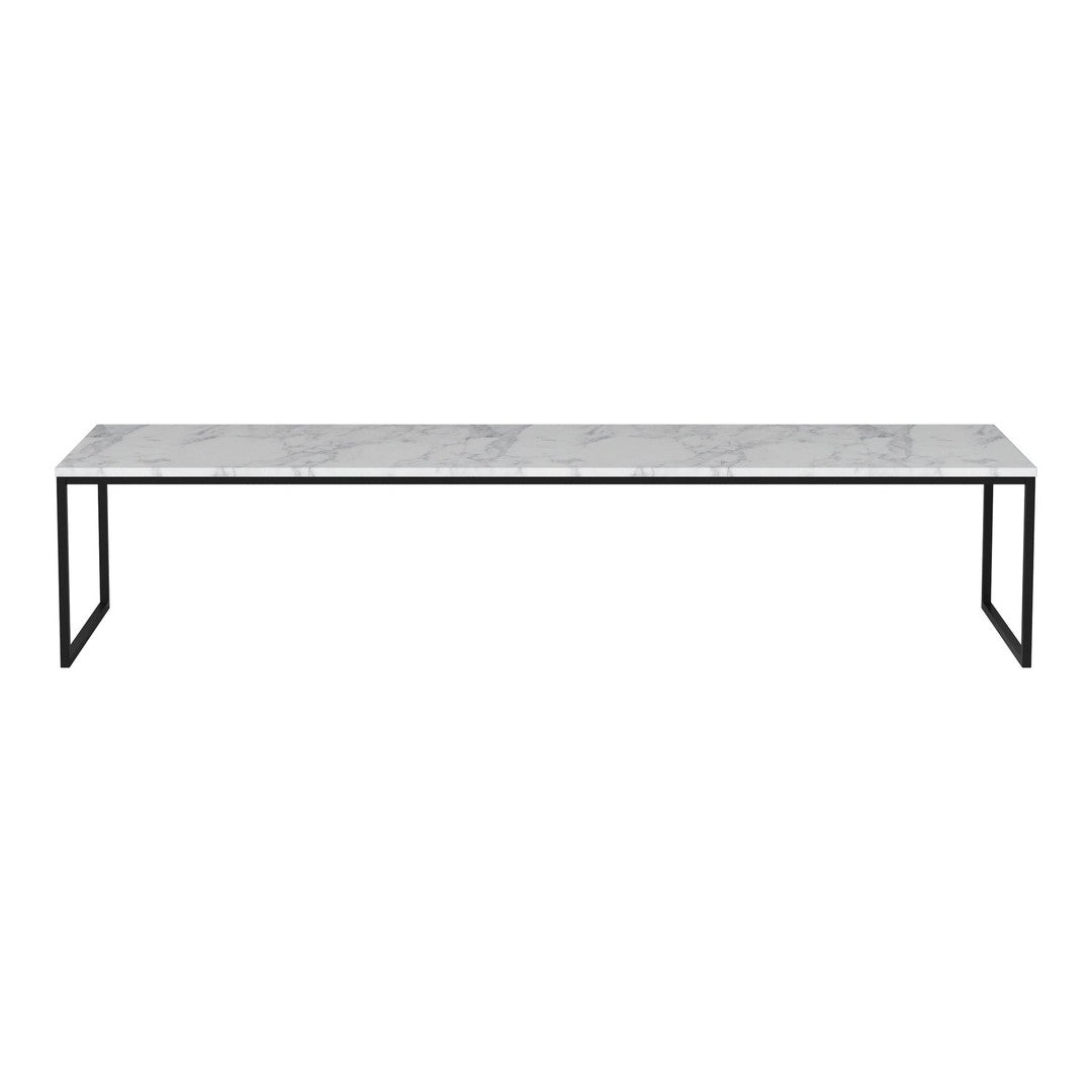 Gray marble top coffee table with sleek black metal legs, featuring a minimalist design and modern aesthetic.