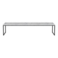 Gray marble top coffee table with sleek black metal legs, featuring a minimalist design and modern aesthetic.