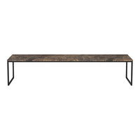 Long black metal bench with a textured brown wood top featuring a natural stone-like pattern.