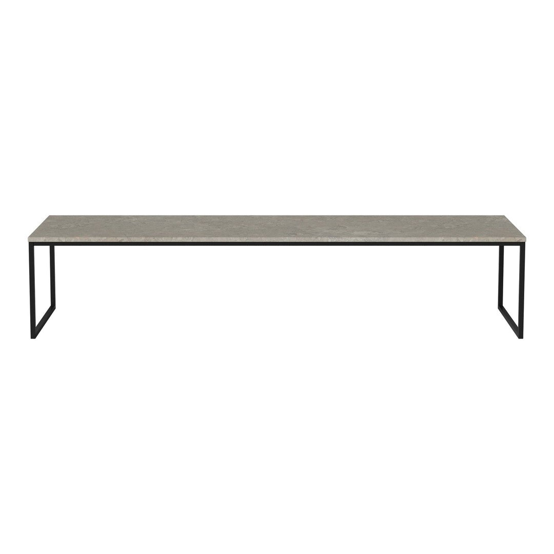 Sleek gray tabletop with subtle texture, framed by minimalist black metal legs. Perfect for modern decor.