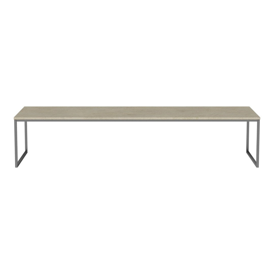 Rectangular coffee table with a light gray top and sleek metal frame, featuring a minimalist design and smooth finish.