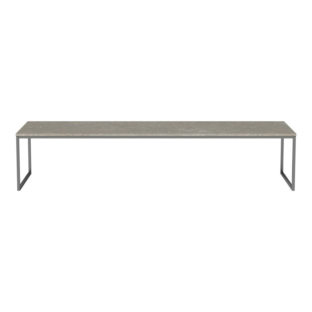 Long gray tabletop with a subtle textured pattern, supported by sleek metal legs in a modern design.