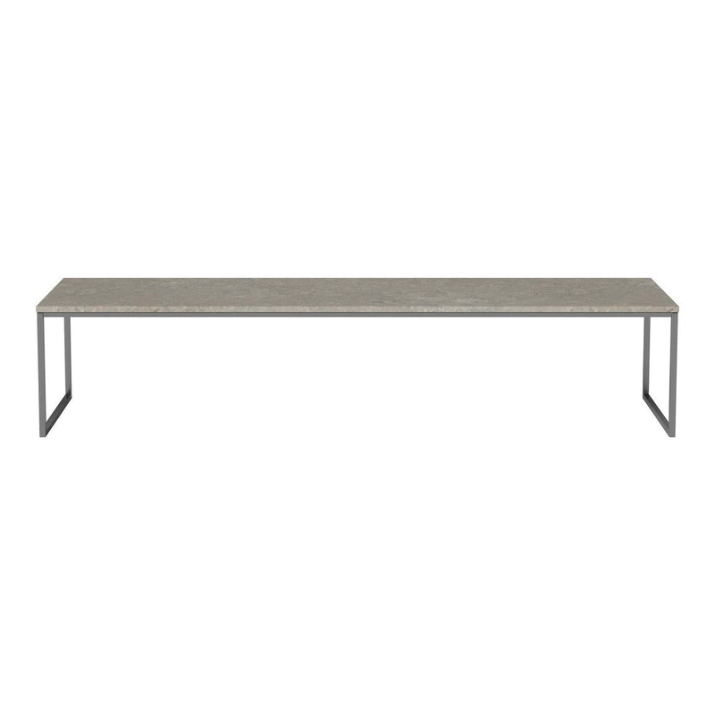 Long gray tabletop with a subtle textured pattern, supported by sleek metal legs in a modern design.