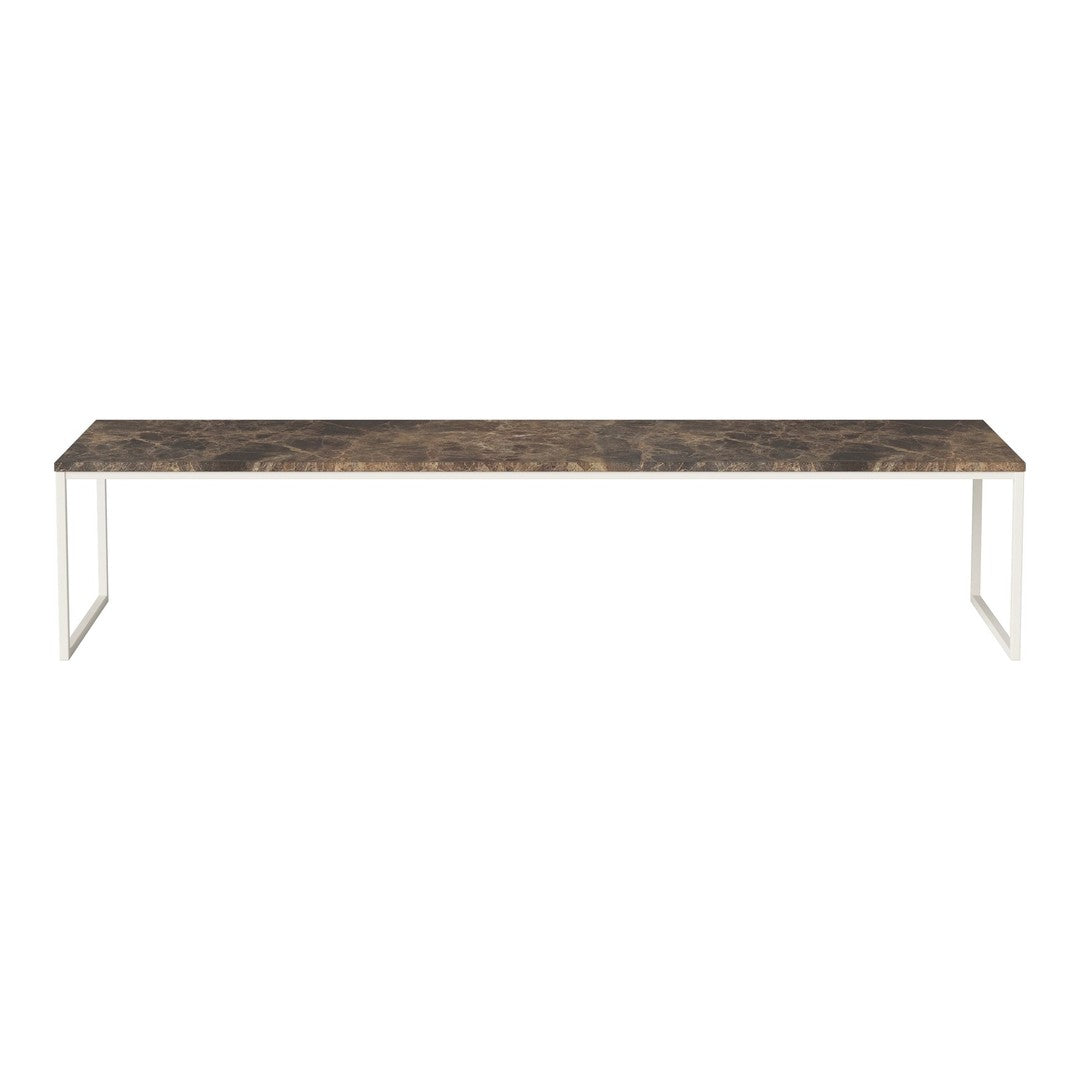 "Stylish long table with a dark marble top featuring subtle veining and sleek white legs for a modern touch."