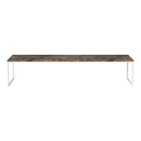 "Stylish long table with a dark marble top featuring subtle veining and sleek white legs for a modern touch."