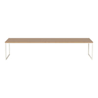 Minimalist rectangular table with a light wood surface and white metal legs, perfect for modern interiors.
