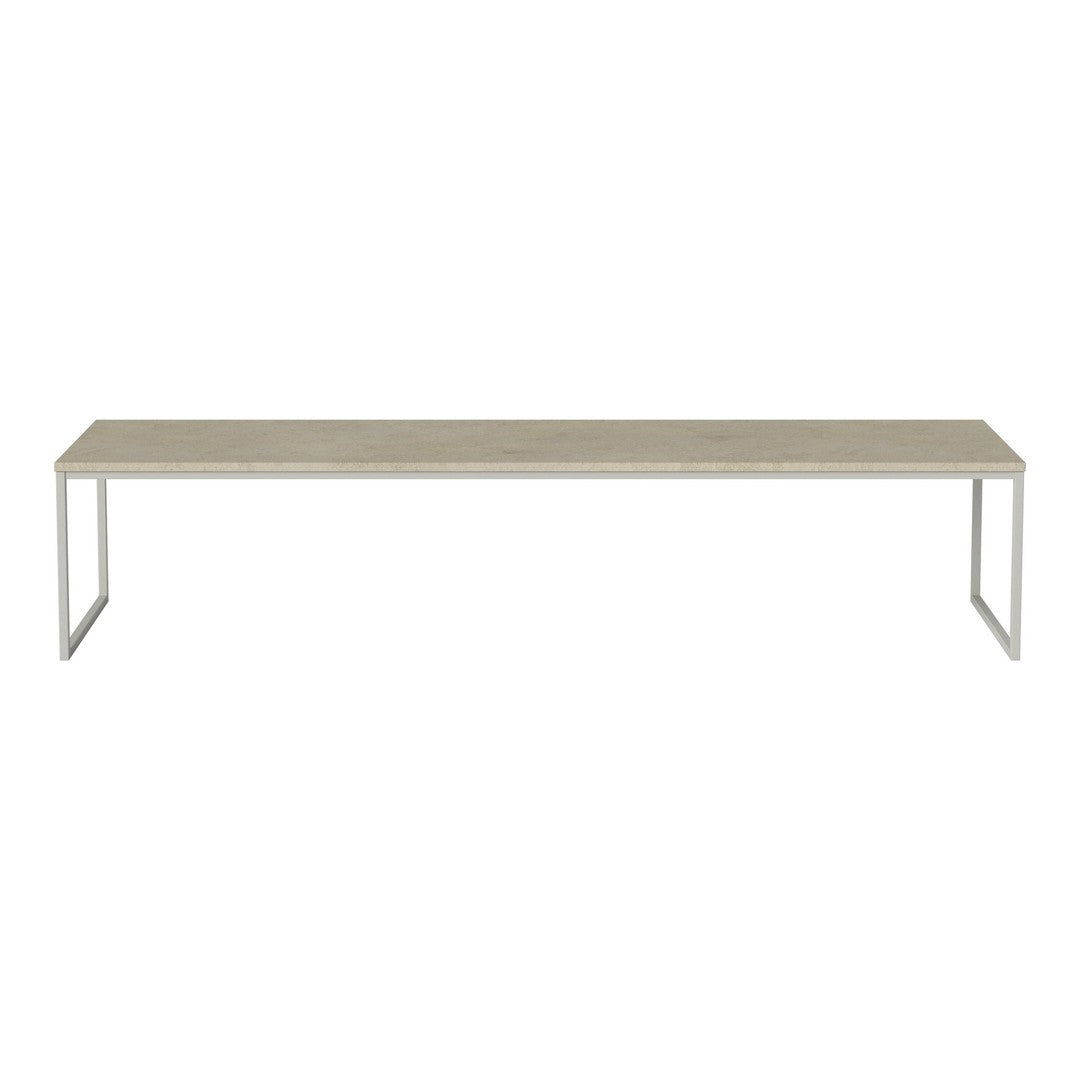Light wood tabletop with a smooth finish, paired with sleek white metal legs for a modern, minimalist look.