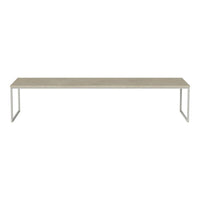 Light wood tabletop with a smooth finish, paired with sleek white metal legs for a modern, minimalist look.