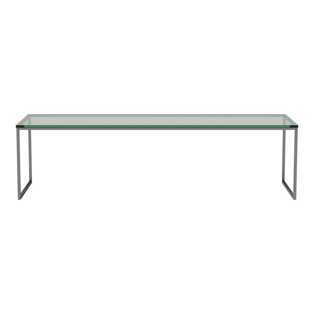 Clear glass console table with sleek metal legs, featuring a minimalist design and modern aesthetic.