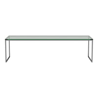 Clear glass console table with sleek metal legs, featuring a minimalist design and modern aesthetic.