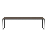 Long brown tabletop with a smooth surface, paired with sleek black metal legs for a modern touch.